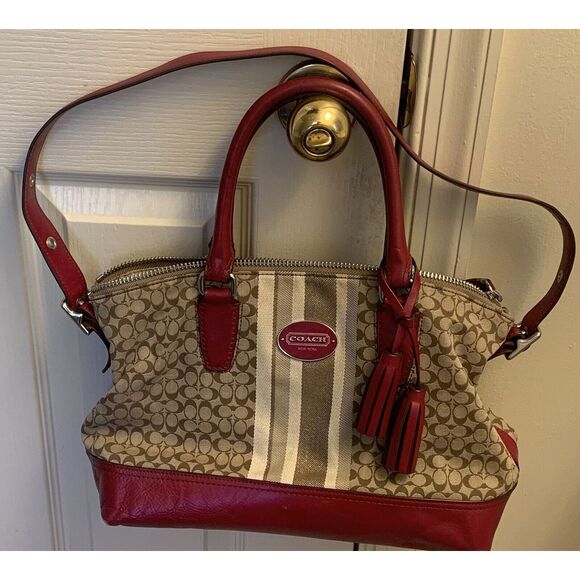 Coach Handbags - COACH LEGACY Red/Khaki Jacquard Signature Stripe Molly Two way Satchel 21154